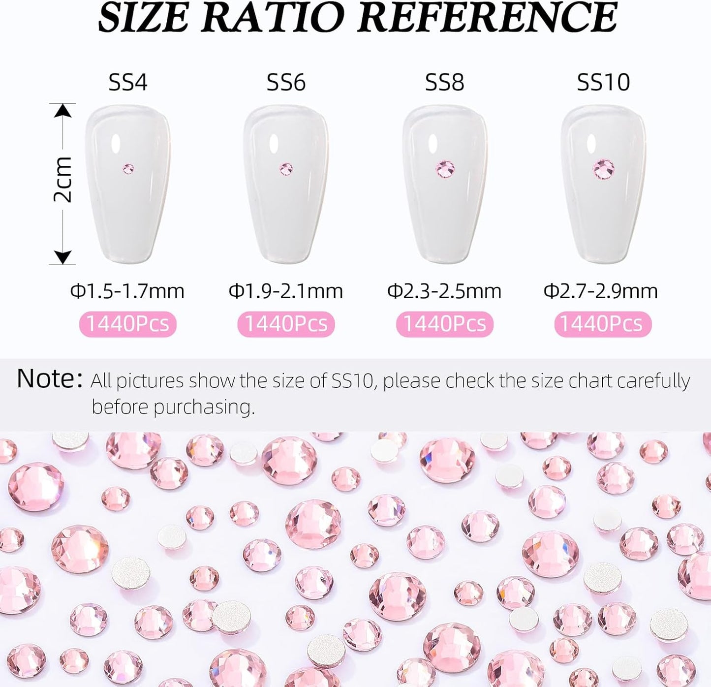 Pink Flatback Rhinestones, Glass Rhinestones for Nail Art and Craft, Glue Fix, Loose Crystal Gemstones(Pink, SS8, 1440pcs, 2.3-2.5mm)