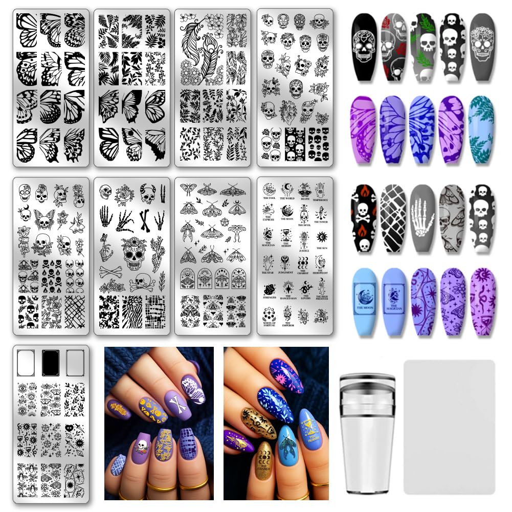 PH PandaHall 9pcs Gothic Skull Nail Stamping Plates Butterfly Nail Art Stencil Star Moon Leaf Manicure Art Templates Horror Skeleton Nails Stamper Plate for Women DIY Manicures Salon Printing Design