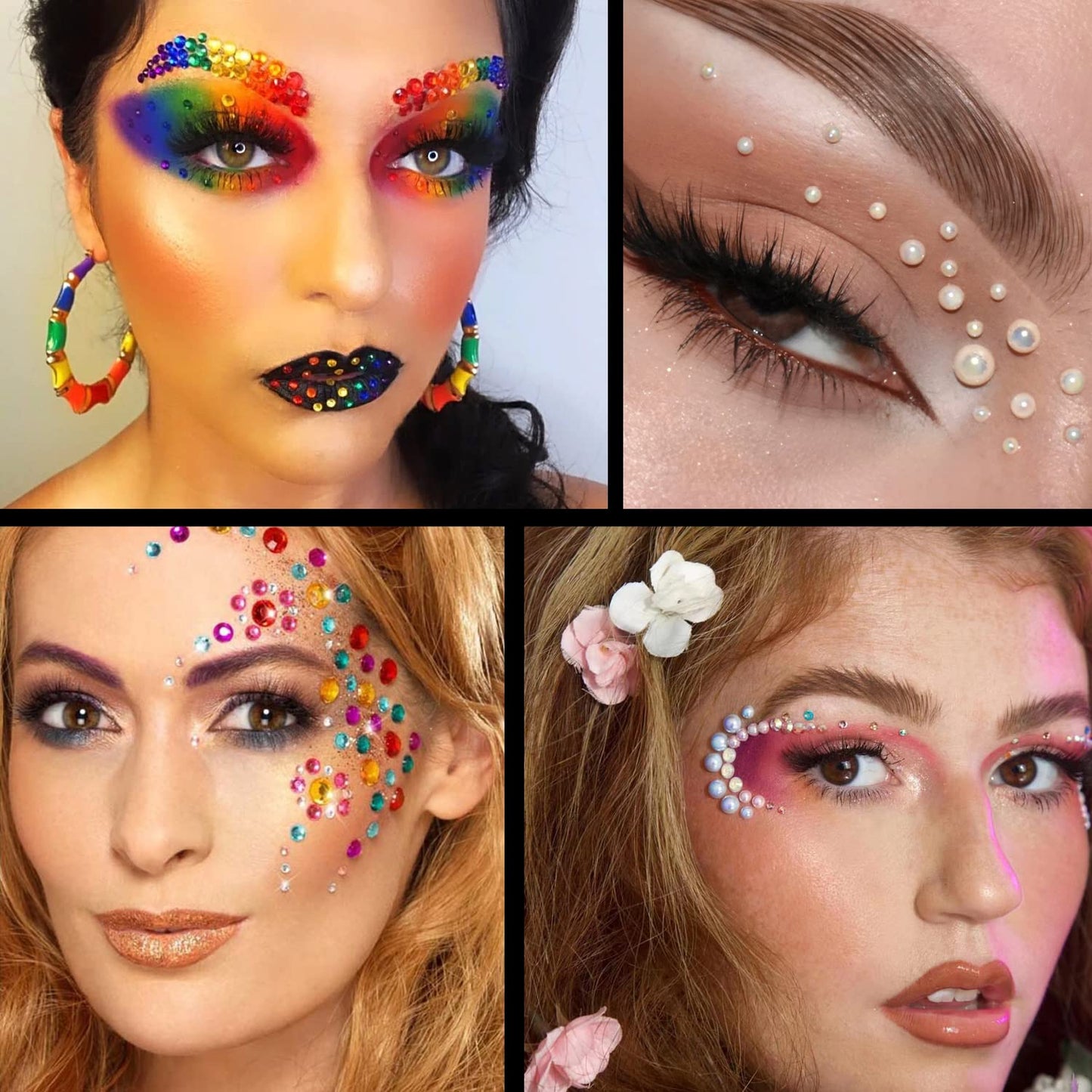 Flat Back Rhinestone+Half Round Pearl Kits Colorful Rhinestones+White AB&Beige AB Pearls with Quick Dry Makeup Glue+Picker Pencil+Tweezer for Nail Art and Face Make-up