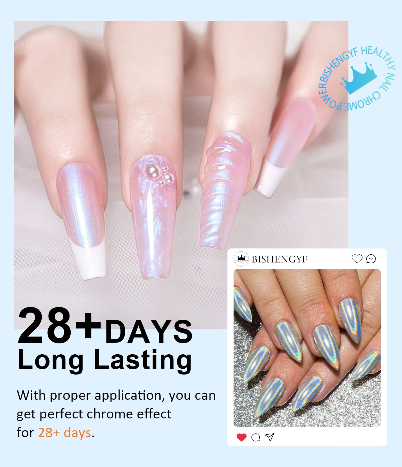 8Pcs Chrome Nail Powder BISHENGYF: Rose Gold Super Mirror Effect Nail Chrome Powder White Pearl Chrome Nail Powder with 1Pcs Silicone Nail Brush for Gel Nails DIY Gift for Women