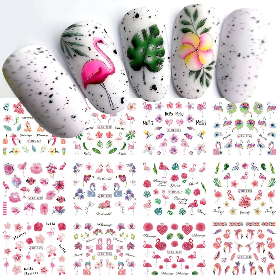 Flamingo Nail Art Stickers Water Transfer Nail Decals Summer Nail Art Decoration Palm Leaves Flowers Cactus Designs Acrylic Nail Stickers Manicure for Women DIY Nails 12 Sheets