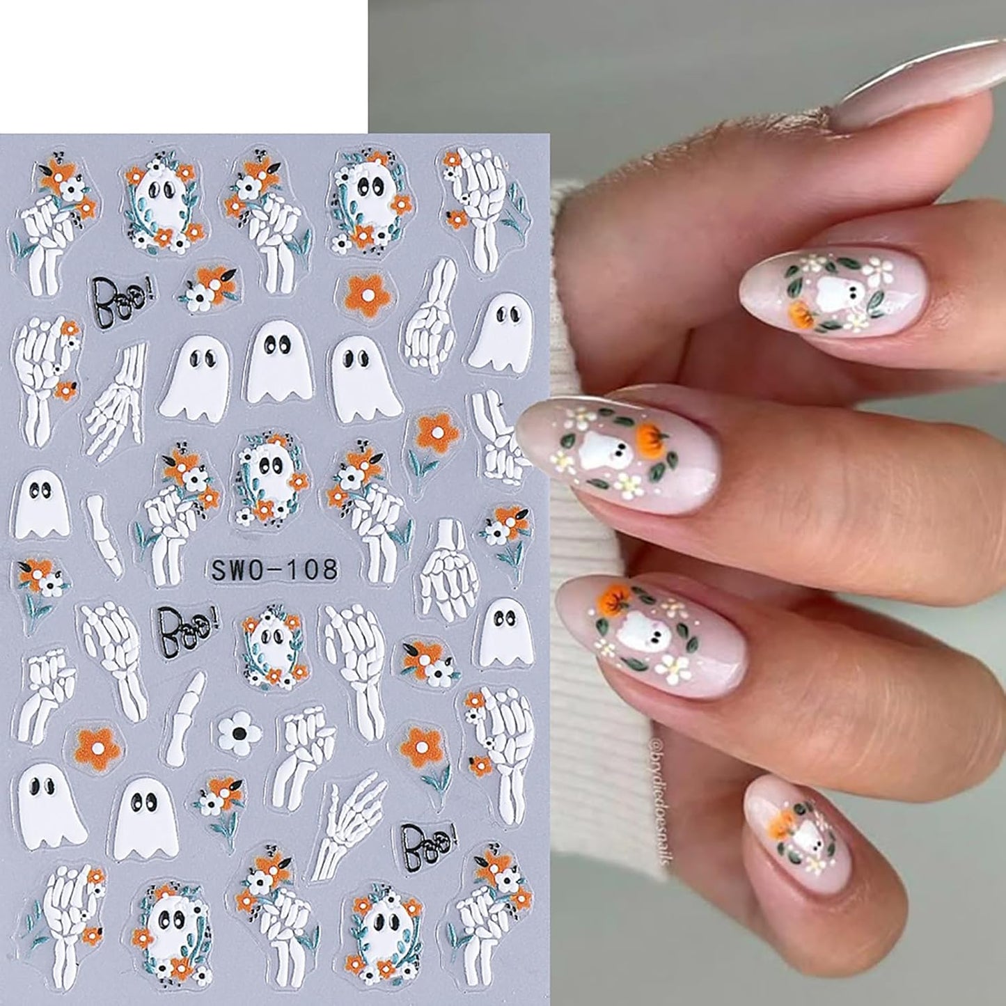 Halloween Nail Stickers 5D Spooky Nail Decals 4PCS Self-Adhesive Black Cat Pumpkins Spider Web Ghost Skeleton Hand Skull Design Gothic Halloween Nail Art Supplies for Women Holiday Nail Decorations