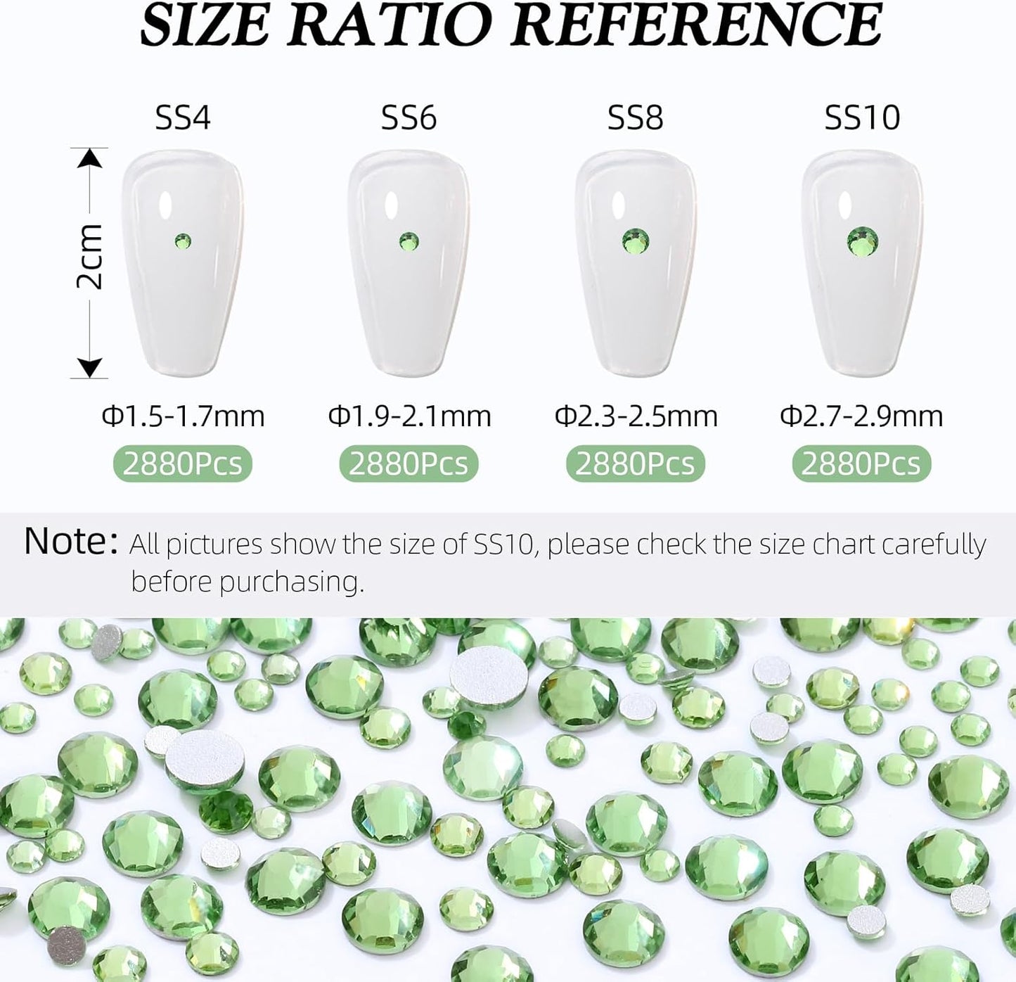 Light Green Flatback Rhinestones, Glass Rhinestones for Nail Art and Craft, Glue Fix, Loose Crystal Gemstones(Lt.Green, SS10, 2880pcs, 2.7-2.8mm)