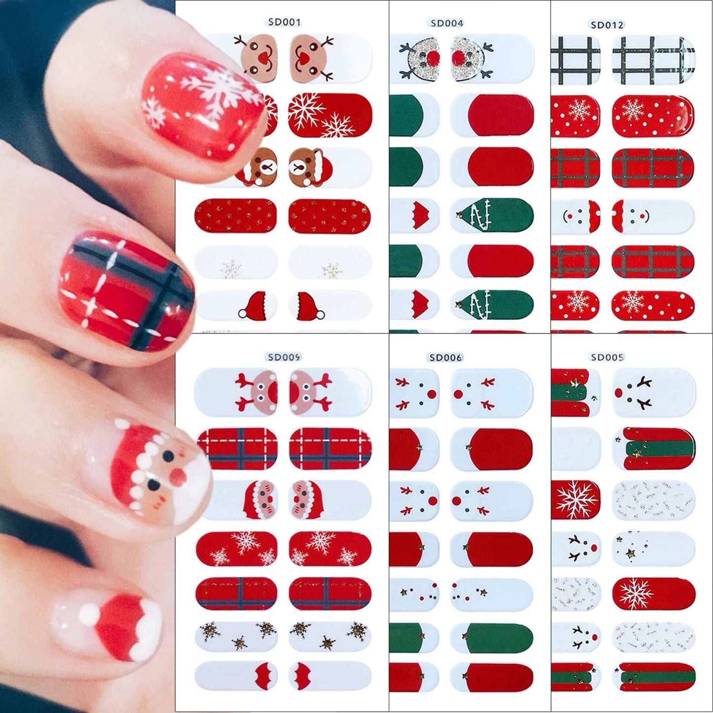 6Sheets Christmas Gel Nail Stickers White Snowflake Gel Nail Polish Strips Glitter Santa Claus Xmas Trees Elk Design Cute Christmas Stickers Full Wrap Winter Gel Nail Strips for Women Manicure DIY