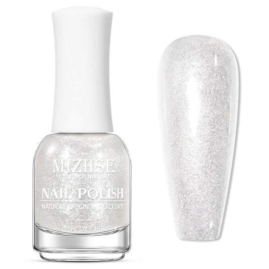 MIZHSE Translucent Shimmering Nail Polish, Quick Dry Clear Glitter White Nail Polish Air Dry Fast, 15ml High Glossy Sparkly Shiny Nail Art Salon Manicure Home