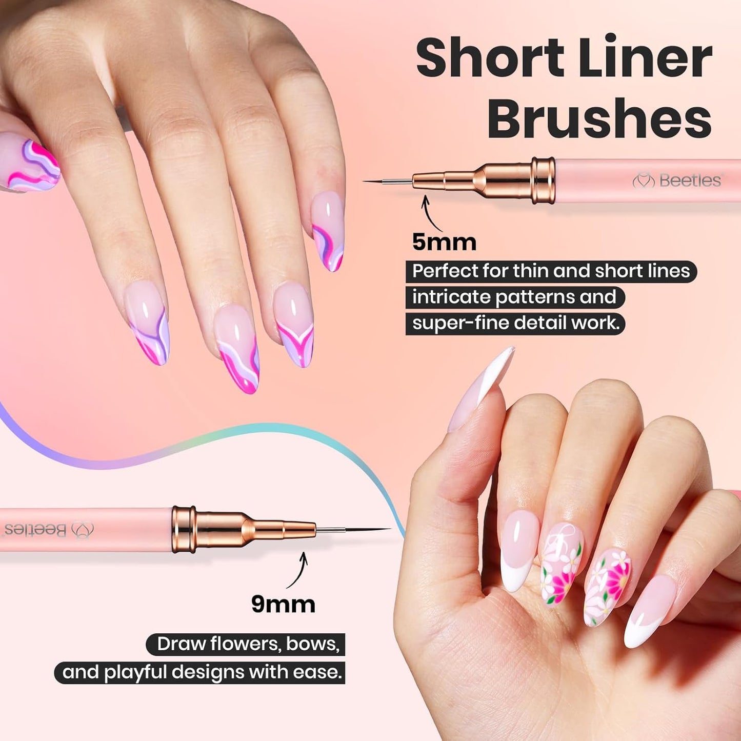 Beetles Gel Polish Nail Art Pens, 5pcs Nail Art Brushes Liner Brushes for Nails Pink Liner Sizes 5/9/15/20/25mm with Palette Holder Painting Manicure Design Tools for Long Lines, Details, Fine Drawing