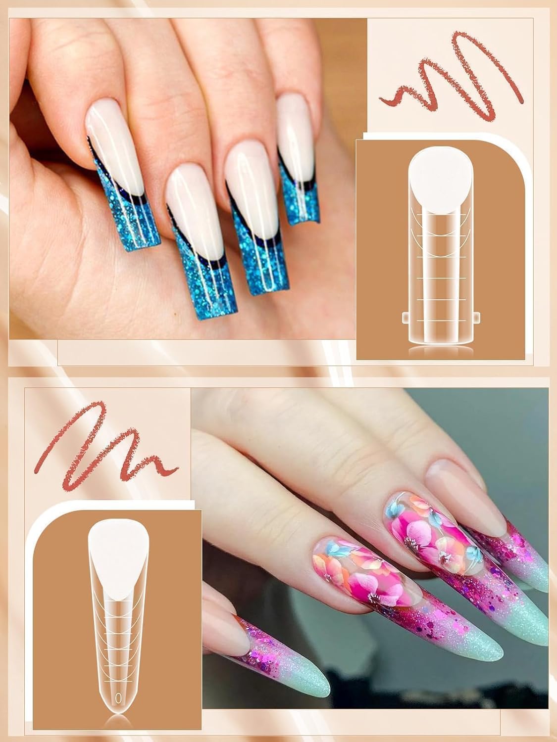 EBANKU 288PCS Poly Extension Gel Dual Nail Forms, Stiletto Coffin Acrylic Nail Forms for French Nails, 76PCS Duet System Dual Forms Sticker Silicone Pads, 6 Styles Scale for Manicure Extension