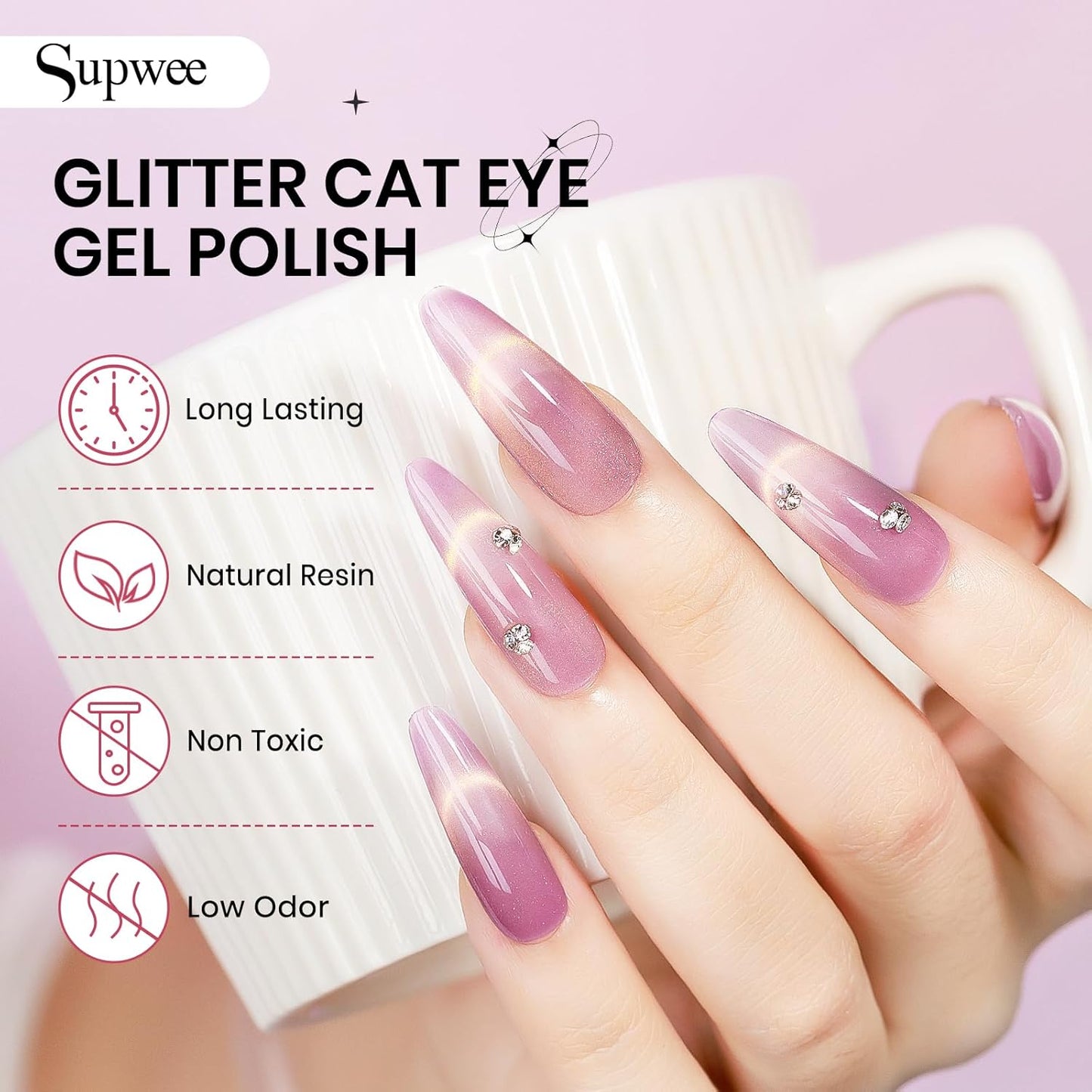 Cat Eye Gel Nail Polish Set, 12 Colors Magnetic Cateye Gel Polish with Magnet Holographic Gold Glitter Pink Purple Blue Summer Color Cat Eye Effect Soak Off Lamp for DIY Salon Manicure at Home