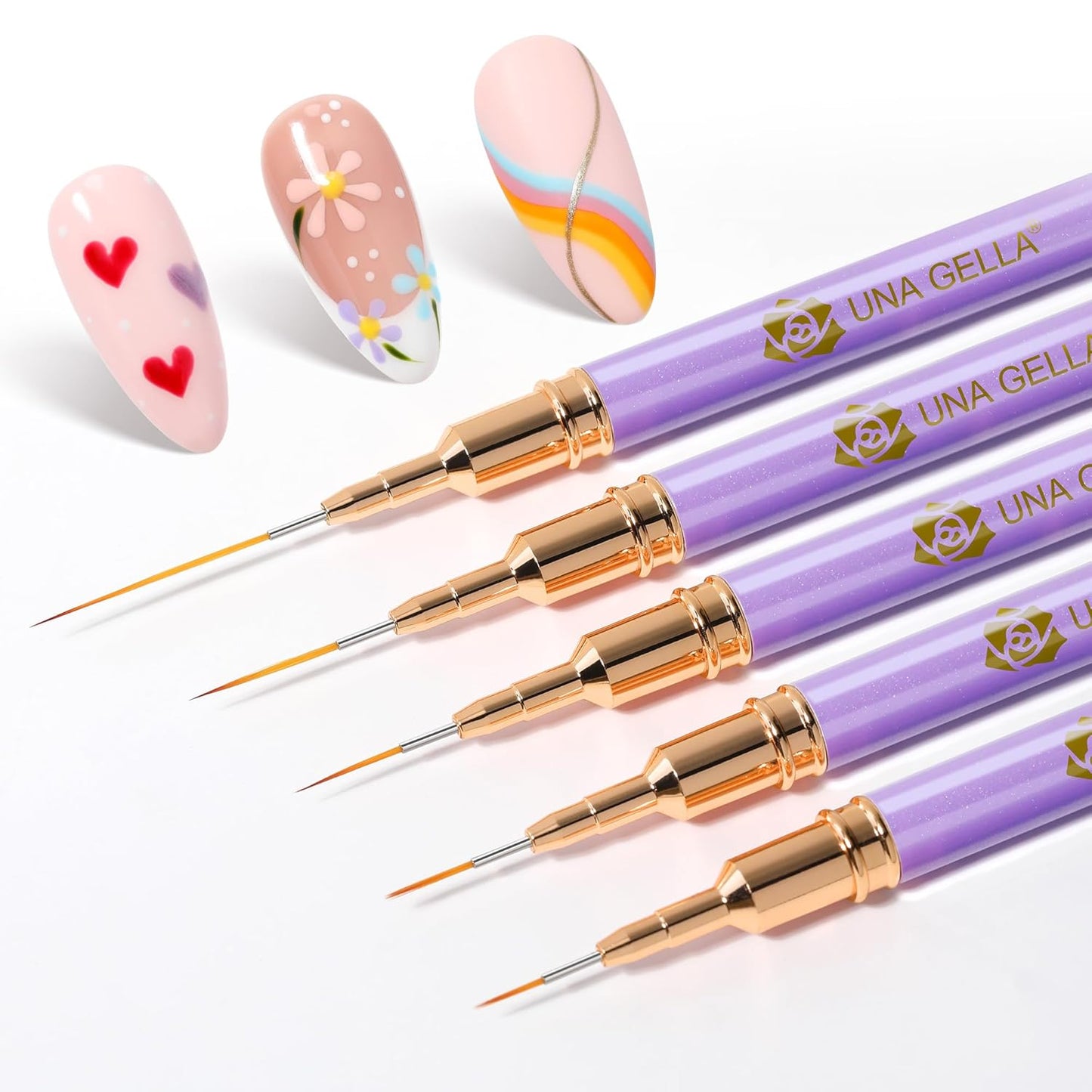 UNA GELLA Nail Art Pens Metallic, Liner Brushes Set For Nail Art Gel Polish, 5Pcs Purple Color, Detail Nail Art Design Painting Brush Set For Nails Gel Fine Drawing Nail Tools, Sizes 7/9/11/15/25mm