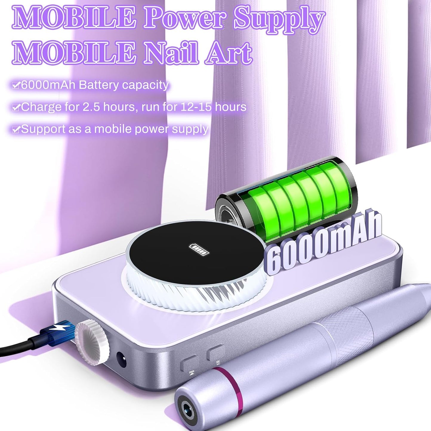 Electric Nail Drill Professional, 50000RPM Electric Nail File Portable Nail Drill Kit 6000mAh Rechargeable Machine for Acrylic Gel Nail, Manicure Pedicure Polishing Nail for Salon Home Purple