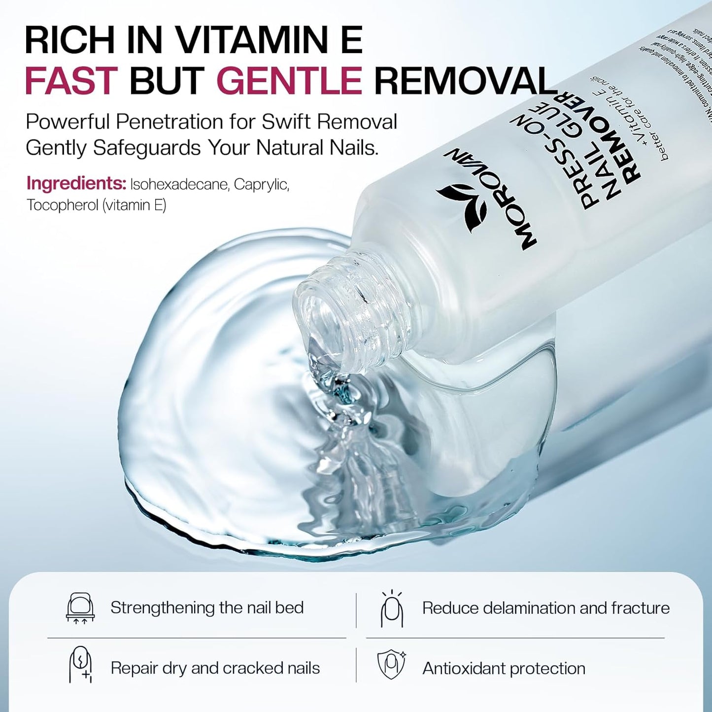 Morovan Press On Nail Glue Remover: Quick Press On Nail Remover Gentle Odorless Non-Acetone Artificial Acrylic Fake Nails Tips Removal - Enriched with Cuticle Oil and Vitamin E Beginners DIY at home
