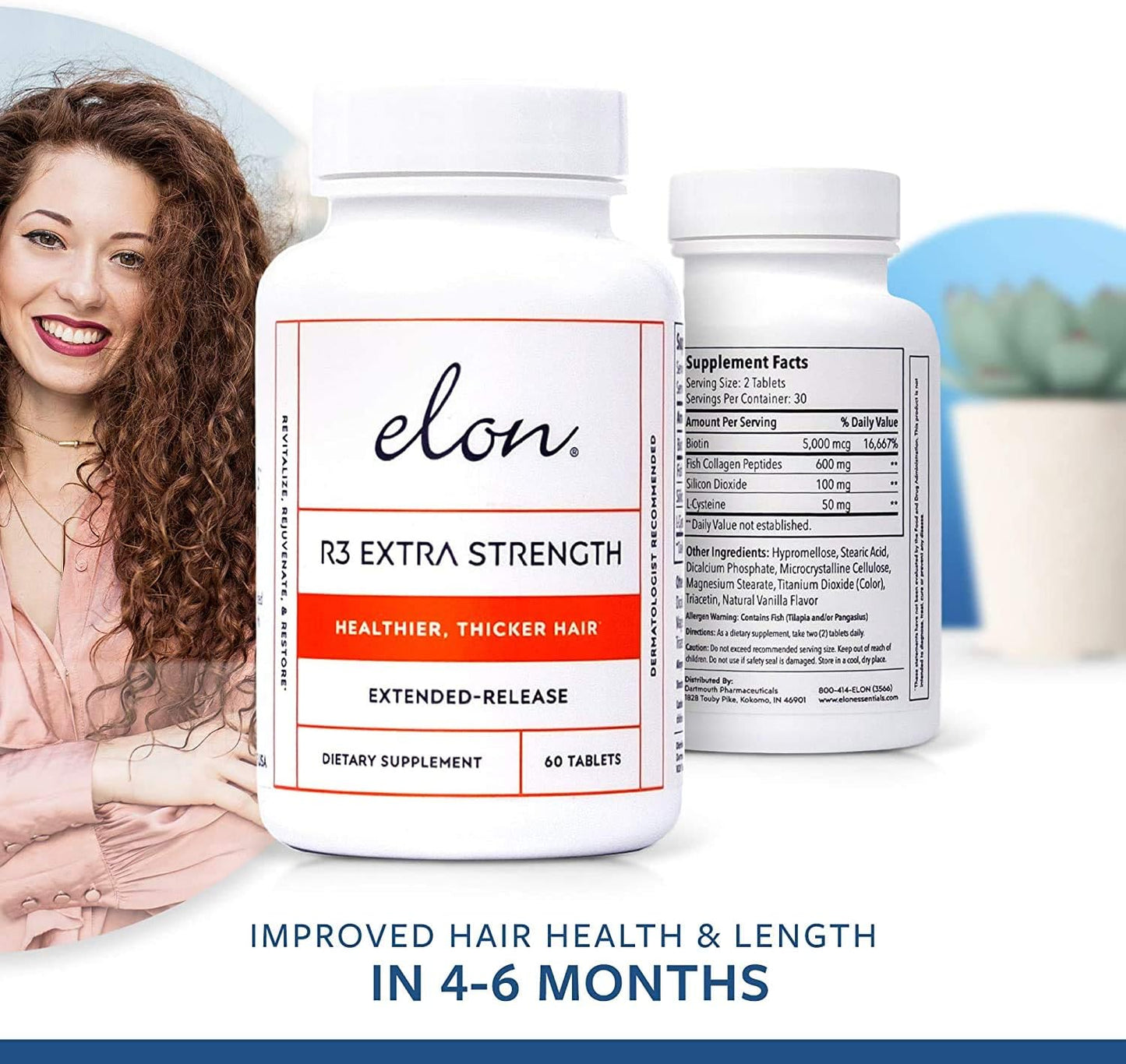 Elon R3 Extra Strength for Hair Growth - Supplements for Women to Grow Thicker, Fuller Hair, Advanced Formula with 5000 mcg Biotin Per Serving & Collagen, 60 Count (Pack of 3)