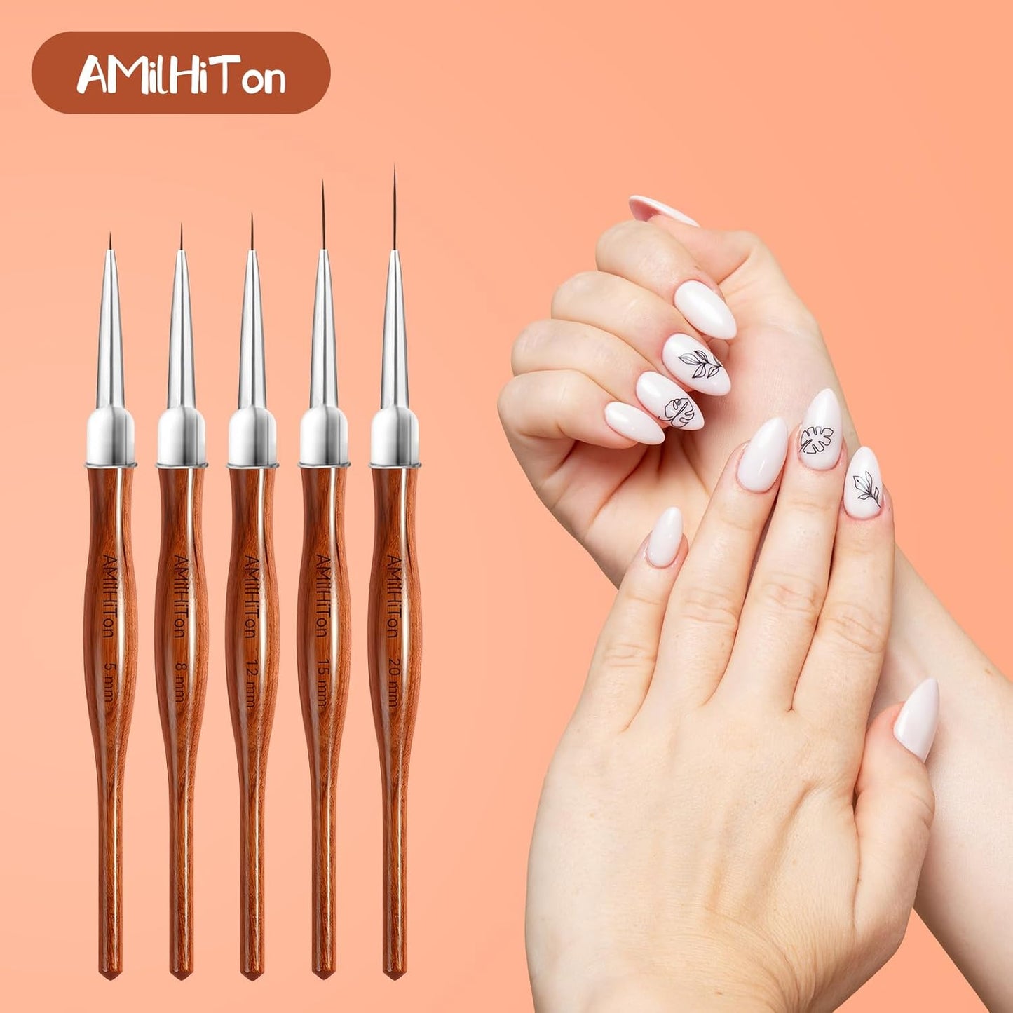 Nail Art Liner Brushes, 5Pcs Wooden Nail Brushes for Fine Drawing & Detailed Nail Art, Gel Polish Painting Tools for Long Lines & Nail Design Sizes 5/8/12/15/20mm（Wood color）