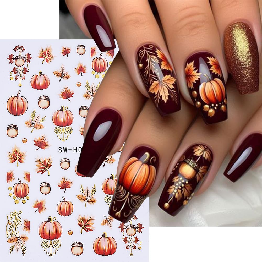 6Pcs Fall Nail Stickers Thanksgiving Pumpkin Nail Decals DIY Self Adhesive Maple Leaves Nail Design Sticker Autumn Nail Decoration Supplies Manicure Accessories for Women Girls
