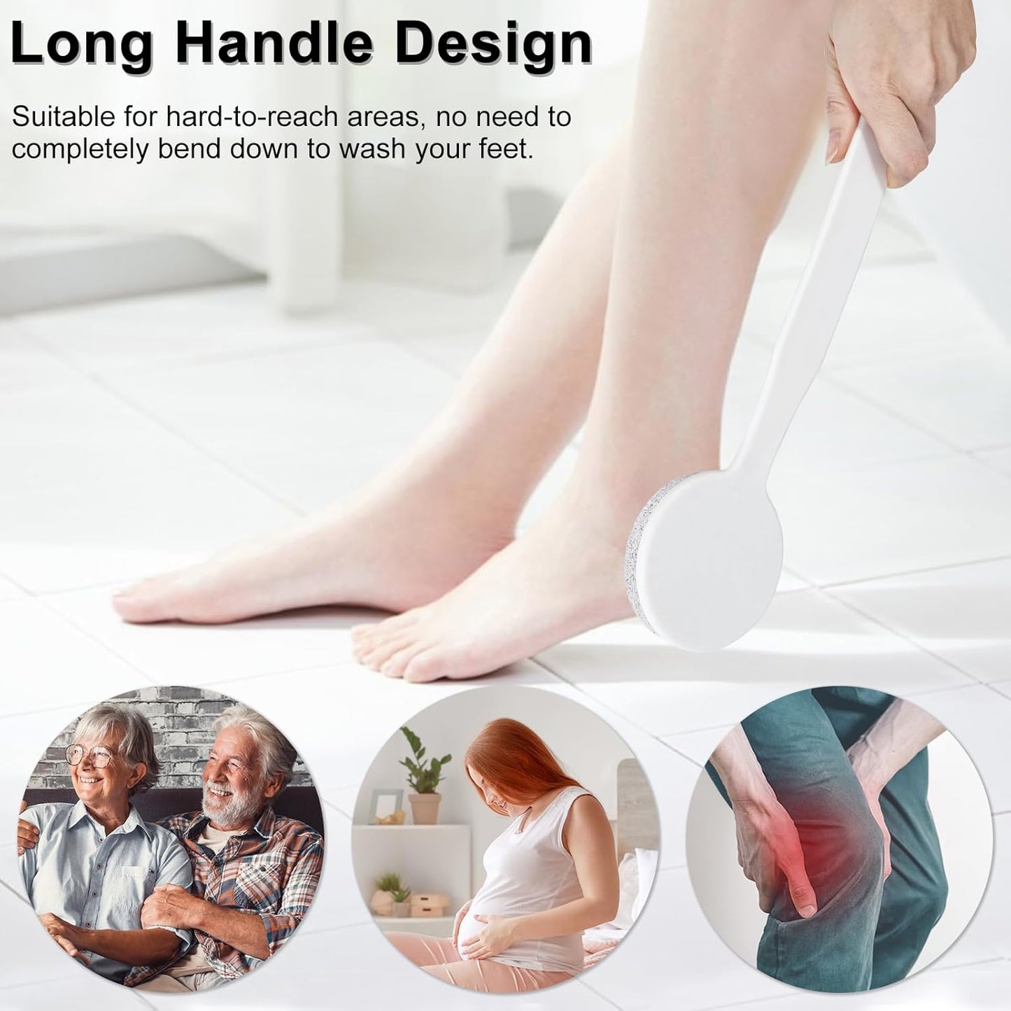 Pumice Stone for Feet with Long Handle (Curved Handle,White, Count, 1.0)
