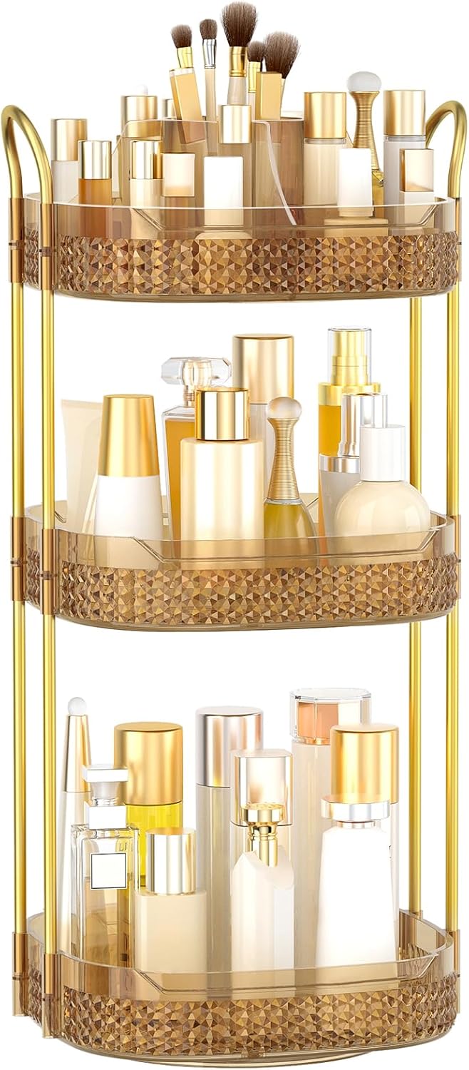 Rotating Makeup Organizer for Vanity 3 Tier, Perfume Organizer with Makeup Brush Holder, Large Capacity Cosmetics Clear Skincare Organizer for Countertop (Pink)