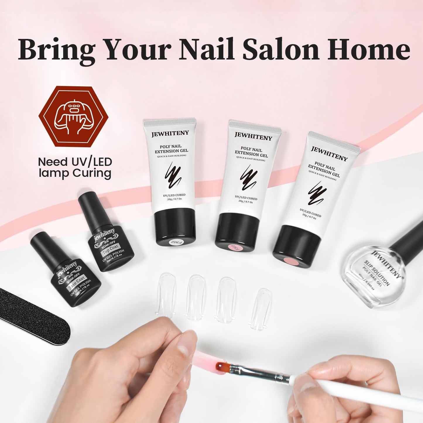 JEWHITENY Poly Extension Gel Nail Set Clear Pink Poly Nail Gel With Slip Solution Base Coat Top Coat French Manicure Need U V Lamp Curing for Finger Art and Home DIY