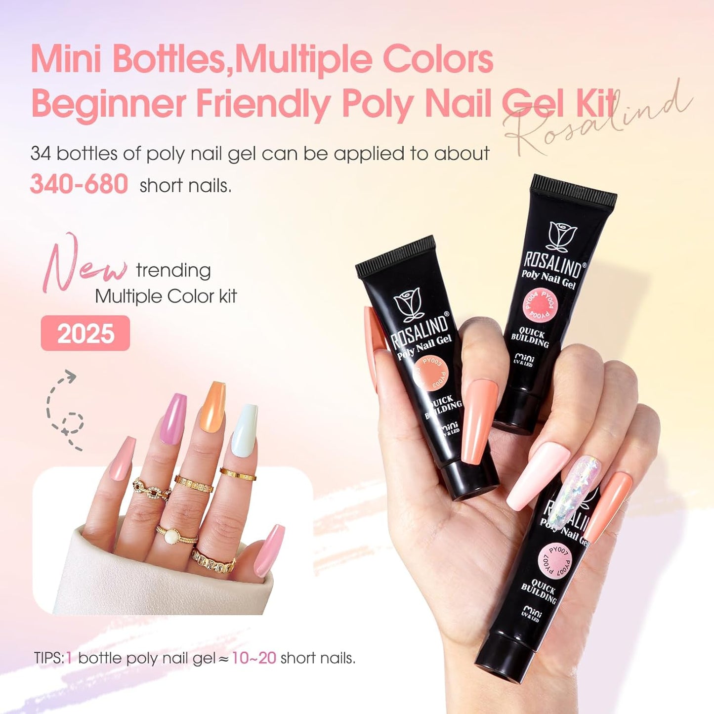 ROSALIND Coloful Poly Nail Gel Kit -34 Colors + Neon Accessories Clear Nude Poly Nails Gel Starter Kit with Mini UV Lamp Slip Solution Summer Halloween Extensions Kit