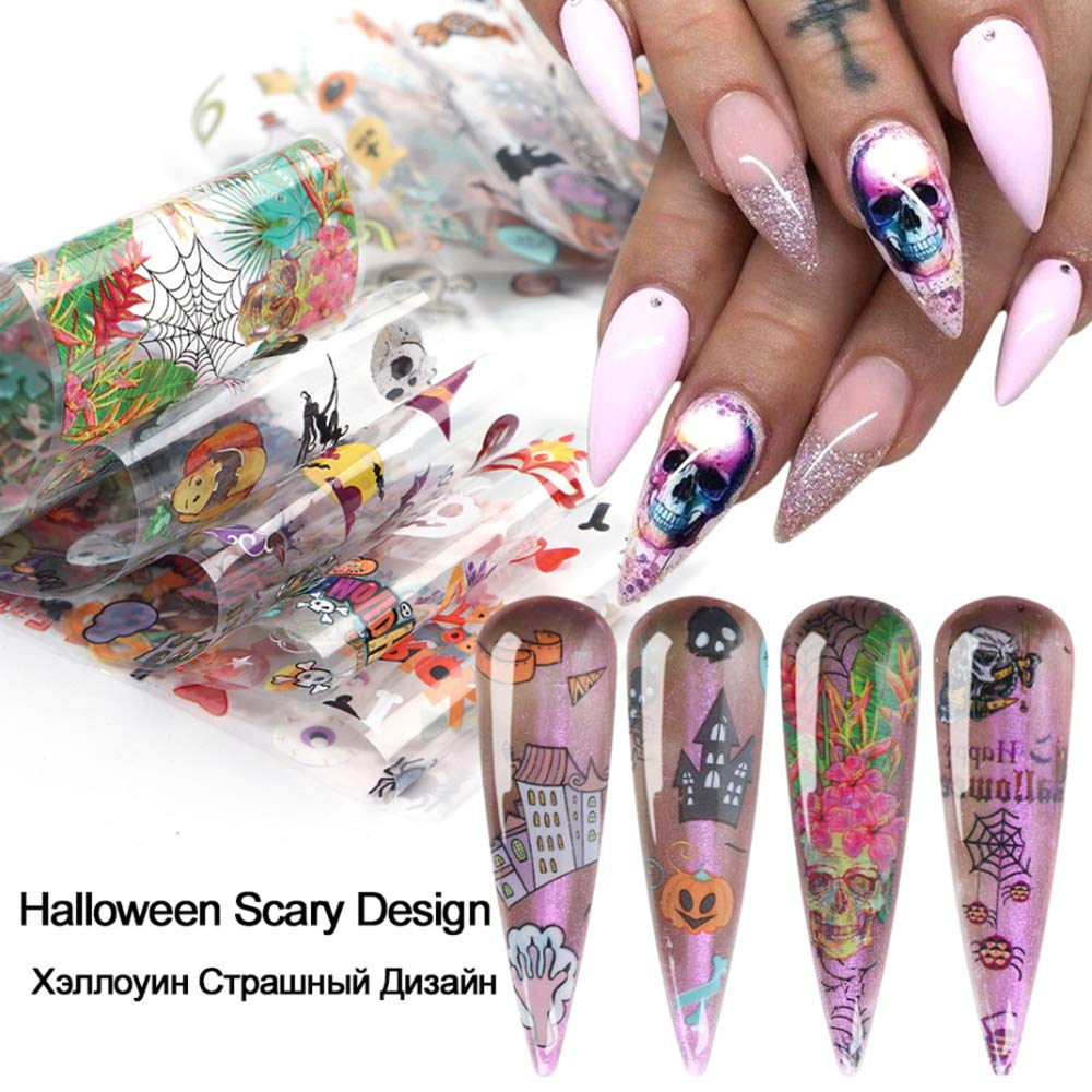 Halloween Nail Foil Sticker Set Fall Nail Art Stickers Day of The Dead Nail Art Decals Pumpkin Cat Charms Nail Decorations DIY Transfer Paper Holographic Nail Decor Wraps Accessory 10 Pcs/Pack