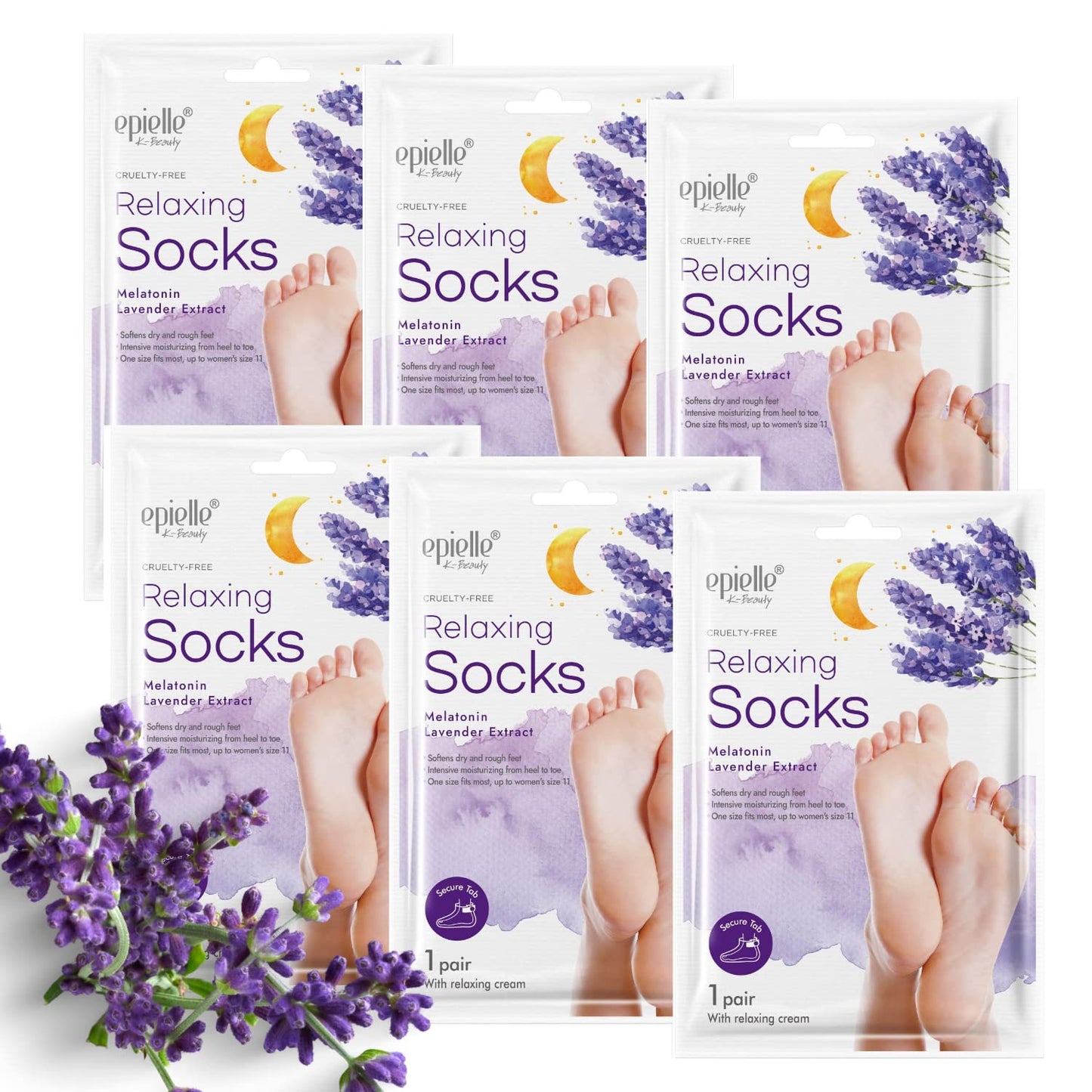 Epielle Relaxing Foot Masks 6 Pairs, Deep Moisturizing Socks for Dry Feet & Cracked Heels, Relieve and Soften with Melatonin & Lavender Extract, Korean Skin Care, Foot Spa, Self Care Gifts for Women