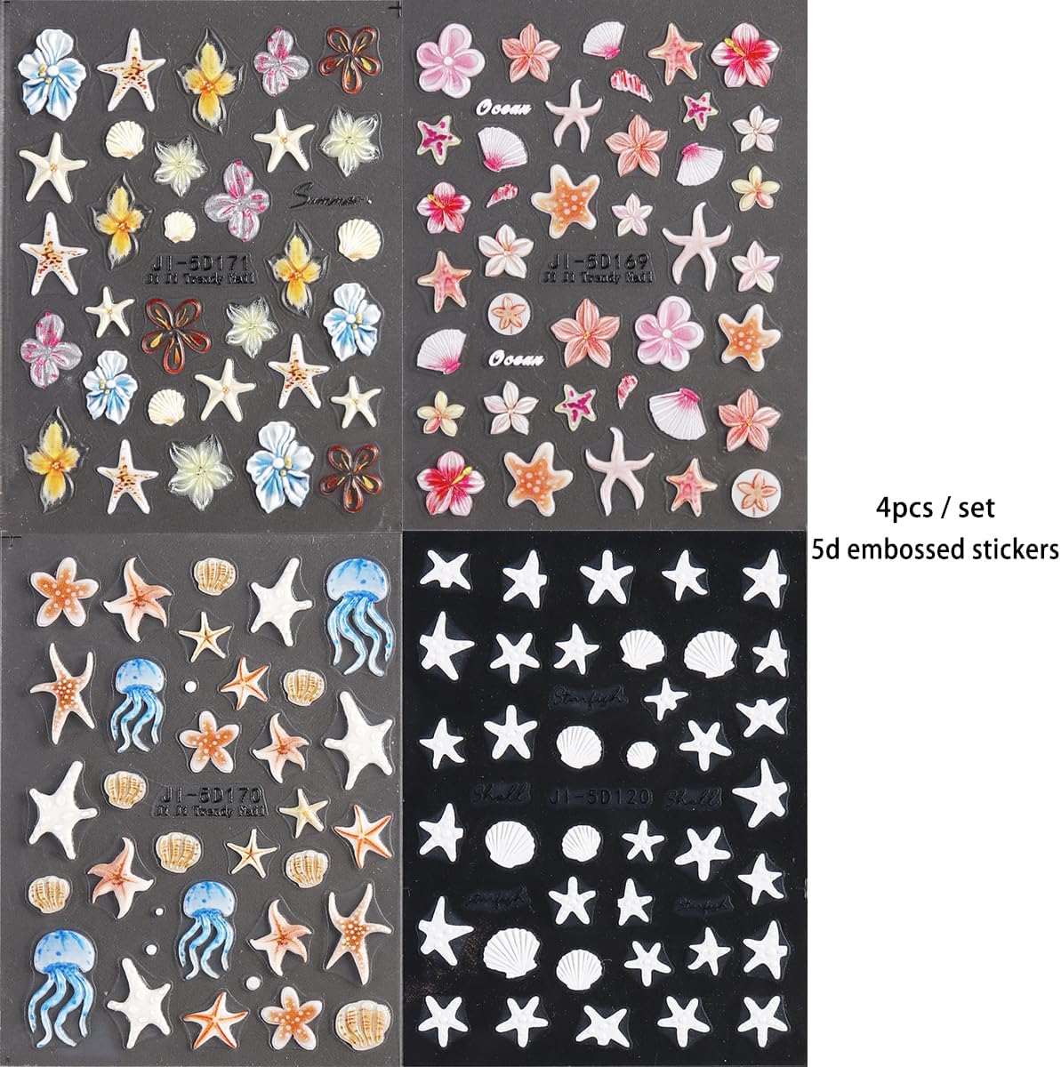 5D Embossed Ocean Nail Stickers, Summer Hibiscus Flowers Sticker for Nails Art Self-Adhesive Floral Decals Starfish Sea Shell Jellyfish Tropical Nail Stickers Pegatinas para Uñas