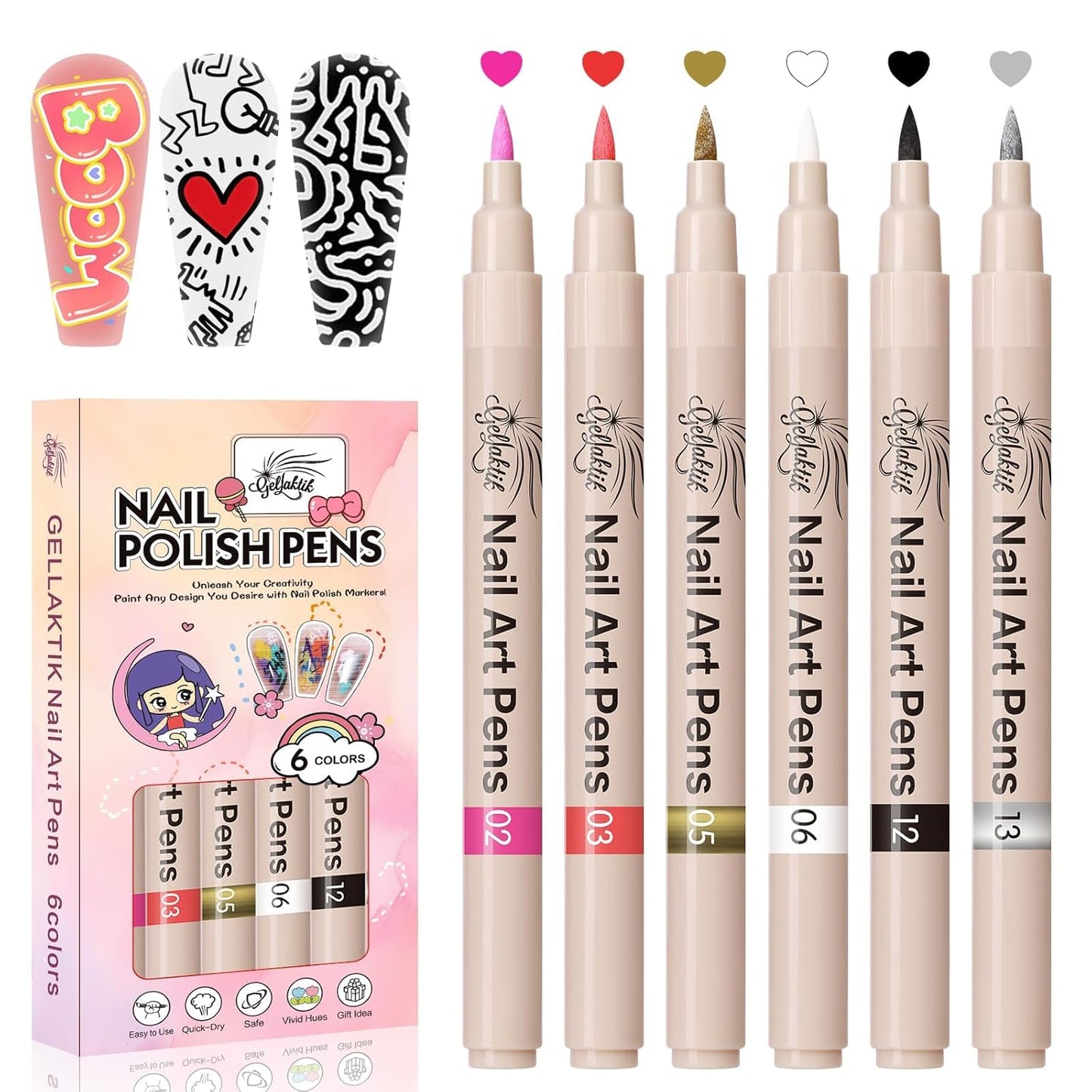 6 Colors Nail Art Pens Set, 3D Nail Polish Pens Quick-Drying Acrylic Paint Markers, Dotting Liner Brush for DIY Nail Design, Home & Salon Manicure Tools