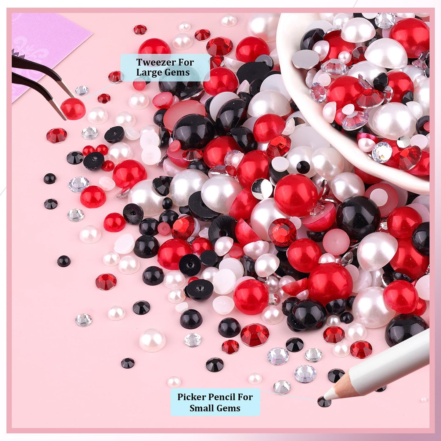 9000Pcs Flatback Pearls and Rhinestones for Crafting, Red White Black Mixed Size 3-8mm Resin Rhinestones and Half Pearls for Bedazzling, Nail Art with Tweezers and Pickup Pencil