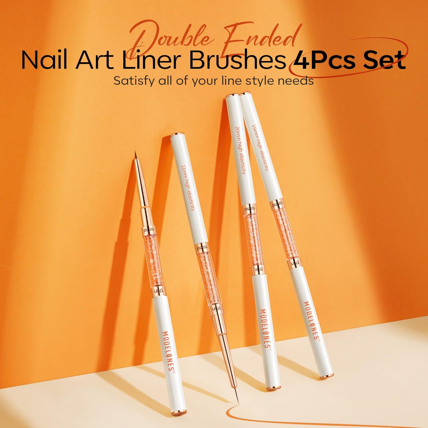 modelones Nail Art Brushes, Super Fine Liner Nail Brush Kit Dual-ended 7/11/15/20mm for Gel Polish Thin Lines, Precise Details, Fine Drawing Painting Design Acrylic Rhinestone Handle Salon & DIY Use