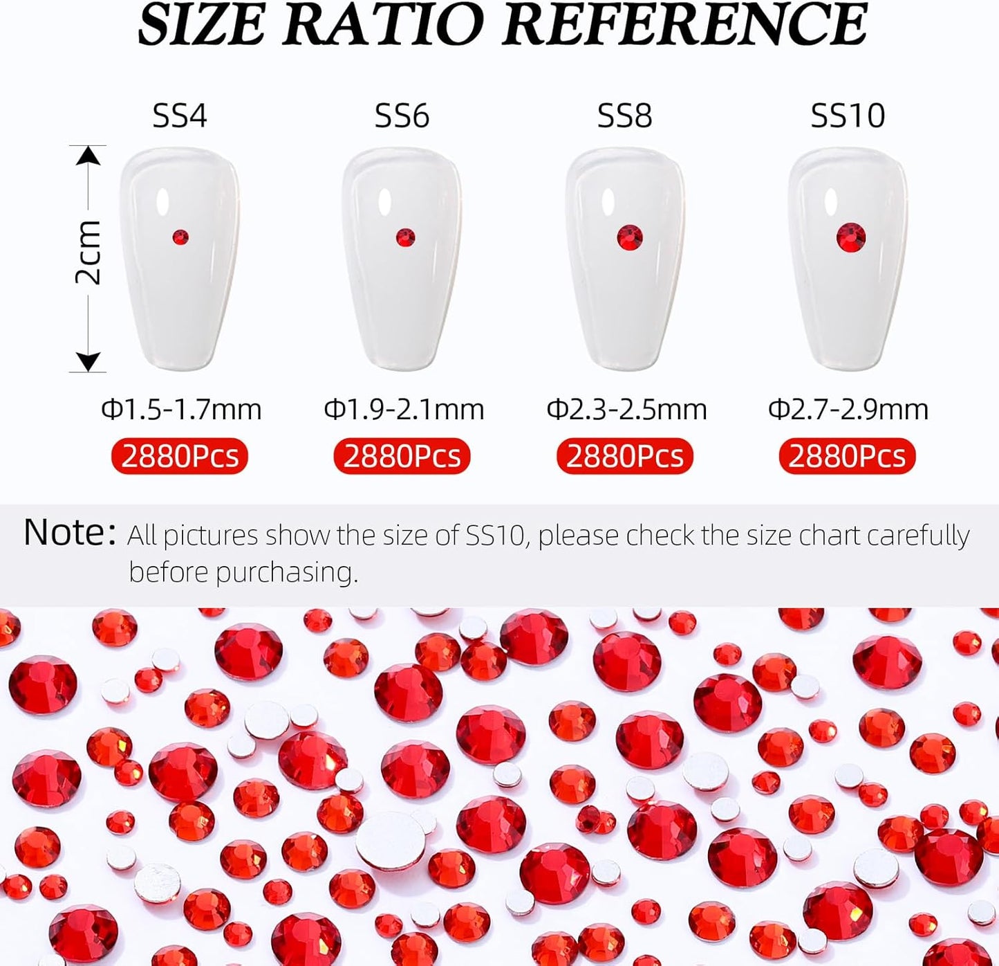 Red Flatback Rhinestones, Glass Rhinestones for Nail Art and Craft, Glue Fix, Loose Crystal Gemstones(Red, SS8, 2880pcs, 2.3-2.5mm)