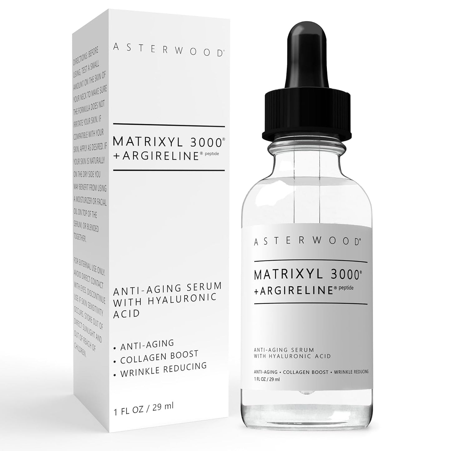 Asterwood Matrixyl 3000 + Argireline Serum for Face - Multi Peptide Serum with Hyaluronic Acid - Anti-Aging, Wrinkle Reducing, Collagen Boosting - Fragrance-Free - 1 Fl Oz