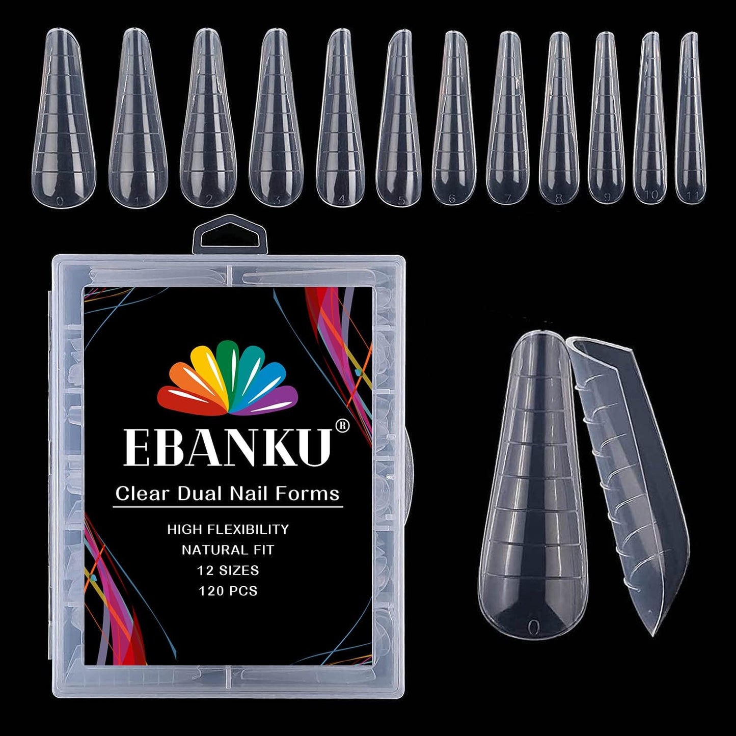 EBANKU 120Pcs Dual Nail Forms for Poly Gel - Extension Stiletto Almond System Mold, False Tips for Builder Gel Art Design Salon & DIY - 12 Sizes
