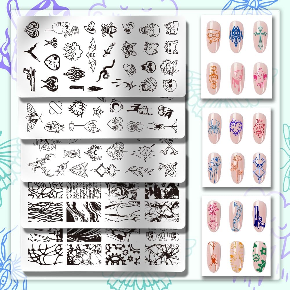 PH PandaHall 5pcs Punk Style Nail Stamper, Skull Spider Nail Stamping Plate Nail Art Stencils Print Nail Stencils Stainless Steel Nail Image Plates for Christmas Nail Art Design Print Manicure Salon