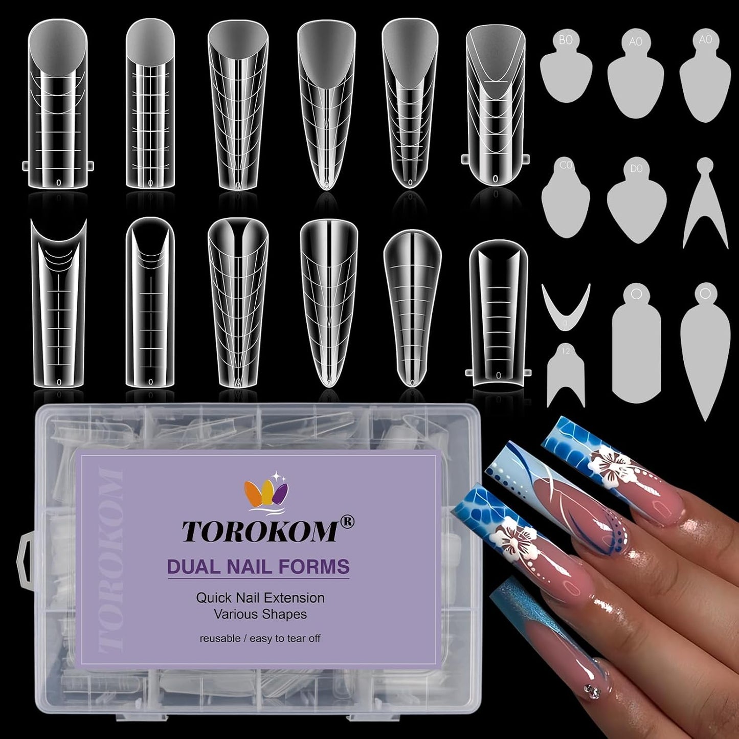 TOROKOM 288PCS Nail Dual Forms for French Nails, Dual Nail Forms Molds Acrylic Nail Tips, 144PCS Duet System Dual Forms Sticker Silicone Reusable Pads, 12 Styles Scale for Manicure Extension, Clear