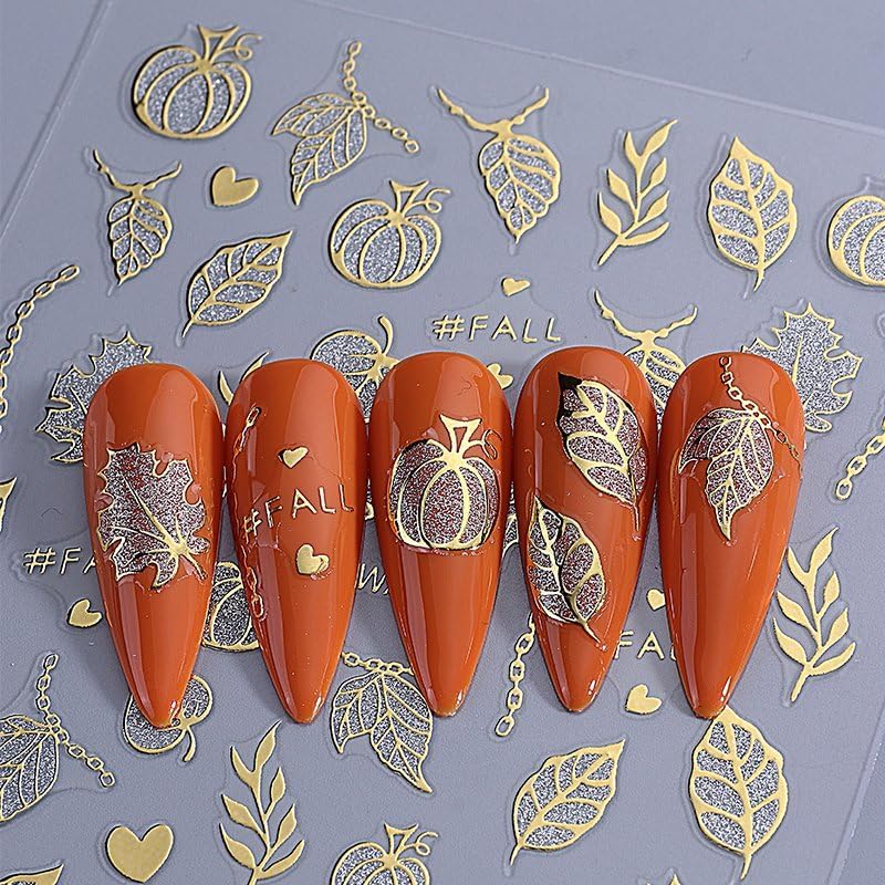Halloween Nails Stickers Black Fall Leaves Nails Sticker 3D Embossed Silver Gold Pumpkins Self Adhesive Sticker Nail Decals Gold Nail Art Decals Halloween Decals for Nail DIY Manicure 4Sheet