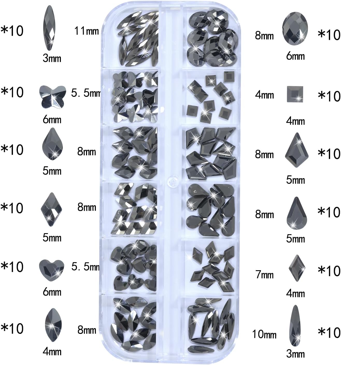 Nail Rhinestones - 3D Multi Shape Size, Flat Back, Crystals Manicure Rhinestones Charms, Mineral Gray Nail Gems, with Kit, for Nail Art, Bedazzling Acrylic Nails, DIY Decor