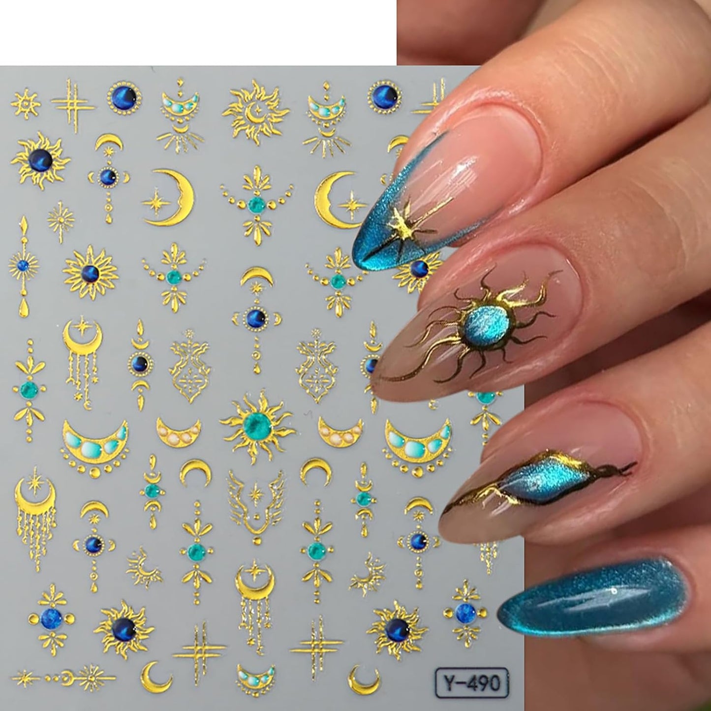 5D Nail Stickers for Nail Art Sun Moon Nail Decals Shiny Bohemian Style Nail Art Supplies Luxury Silver Gold Flower Star Moon Sun Nail Adhesive Stickers Fall DIY Manicure Supplies for Women 4PCS