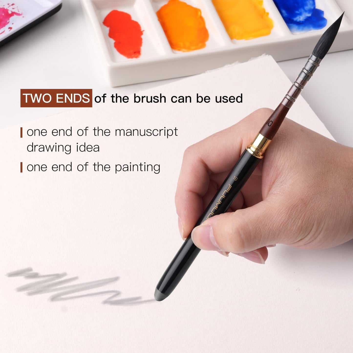 Travel Watercolor Brushes, Fuumuui Professional 6pcs Natural Soft Squirrel Hair Watercolor Travel Brush Set with Graphite Tip Pen Perfect for Watercolor Gouache Ink Painting