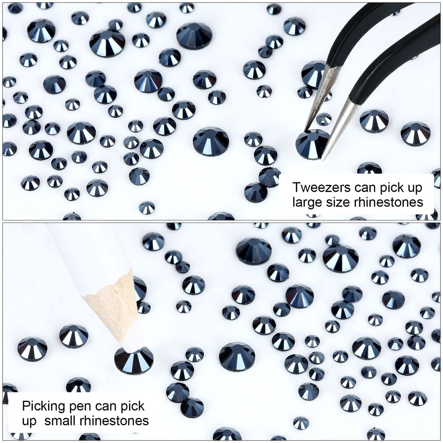 4240Pcs Shiny Black Flatback Rhinestones 6 Sizes Crystal Diamonds for Nail Art Crafts Clothes Shoes with Tweezers and Picking Pen