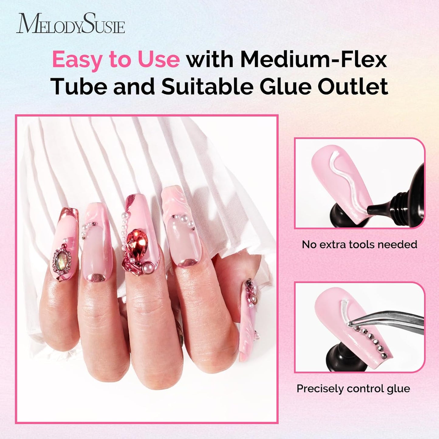 MelodySusie Nail Rhinestone Glue for Nails Super Strong Gel for Nail Charms Gems 3D Nail Gel UV Nail Glue for Nail Art Design Nail Chrome Powder Decals Decor Need UV/LED Cured 60g