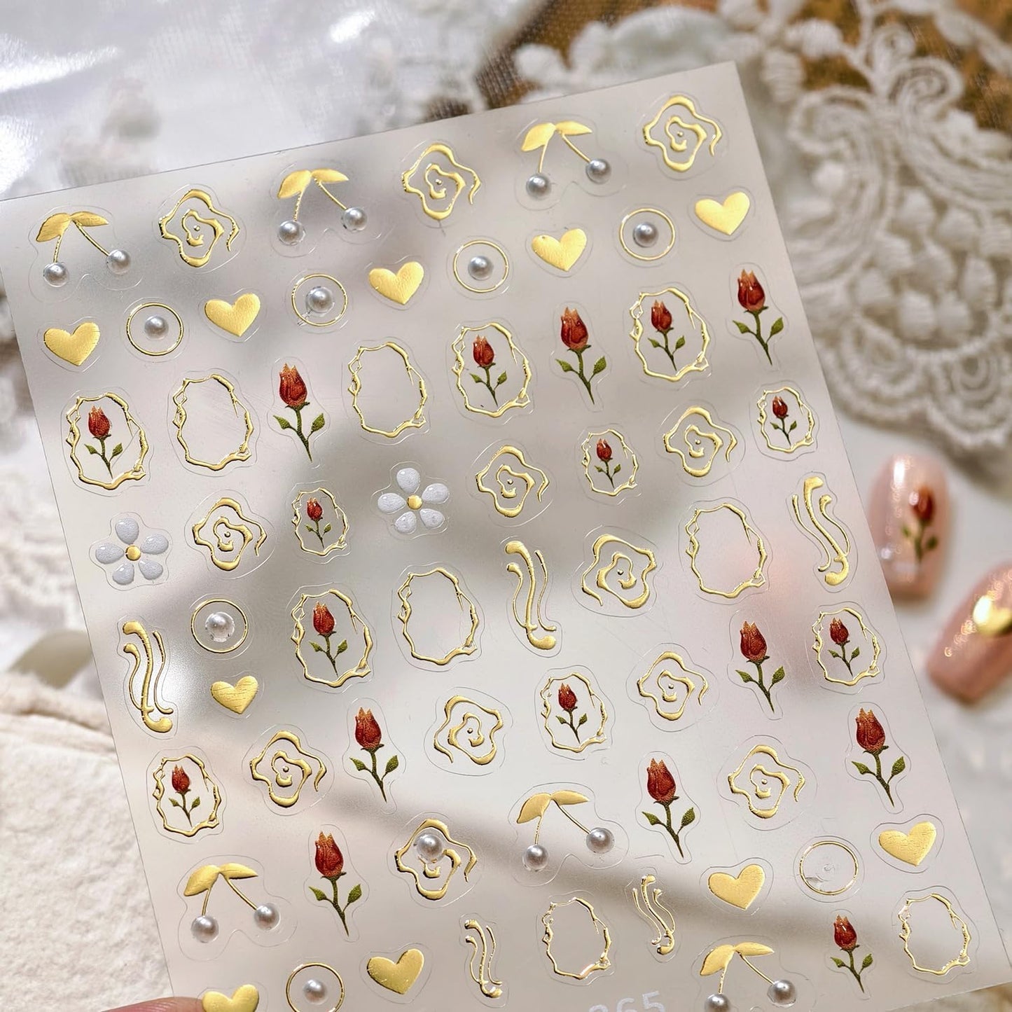 Tulip Nail Art Stickers 5D Embossed Flower Pearl Cherry Nail Stickers, Self-Adhesive Durable Nail Art Decals for Women Girls, Nail Wraps Decoration Manicure for DIY Acrylic Nail Accessories