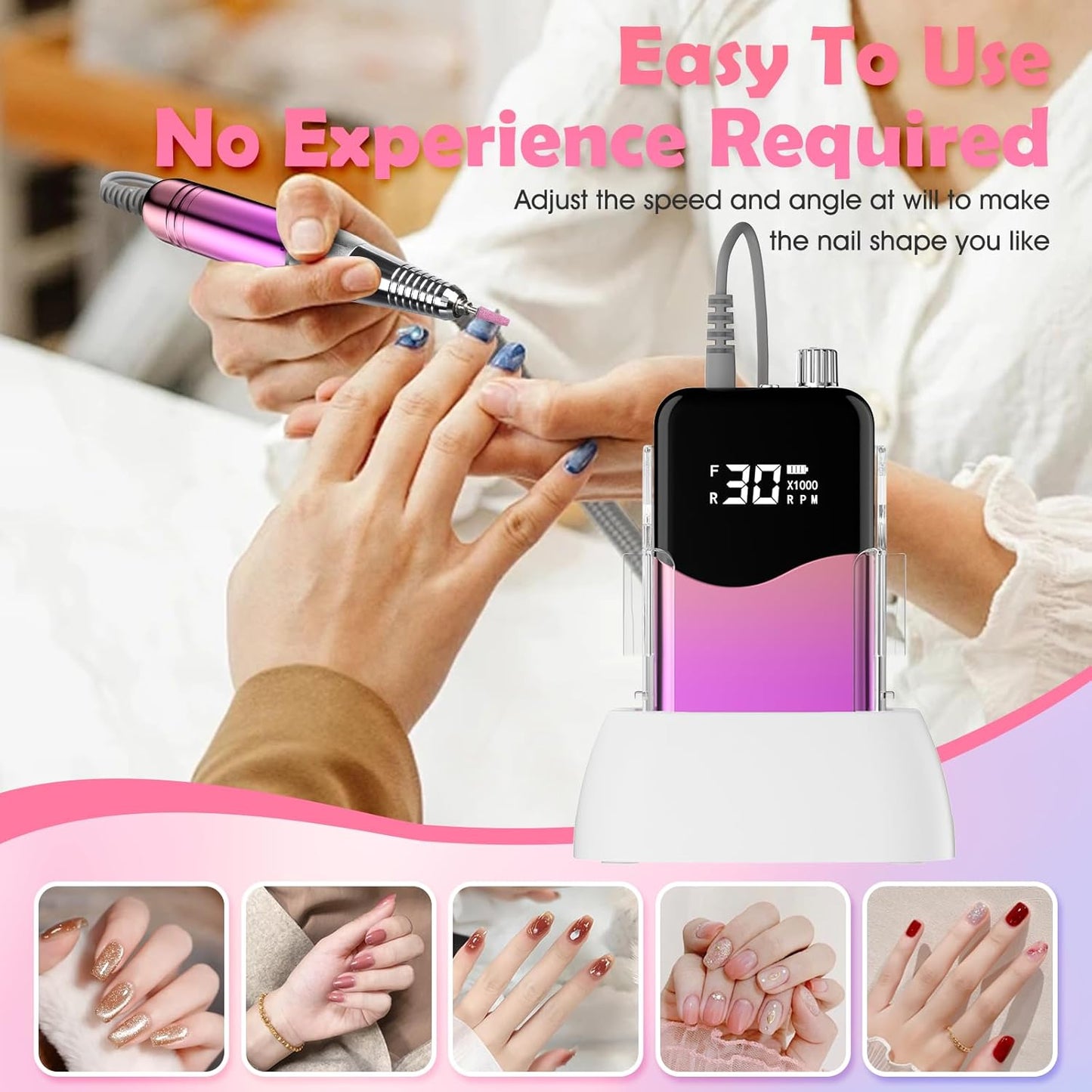 CIVPOWER Nail Drill Professional: 35000RPM Electric Nail File - Portable Rechargeable LED Display Nail Tool Kit- Manicure Pedicure Salon Home DIY Purple