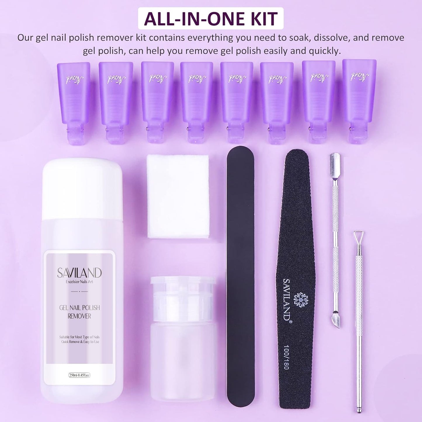 SAVILAND Nail Polish Remover Kit: 250 ML Nail Polish Remover with Nails Clips, Nail Tools, Cuticle Pusher, 500 PCS Cotton Pad Gel Removers Manicure Kit for Salon Home DIY