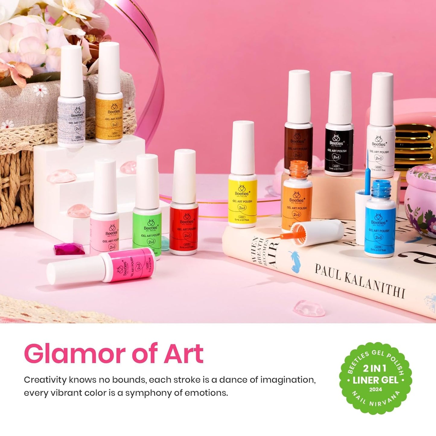 beetles Nail Art Polish Set- 12 Colors 2 IN 1 Gel Nail Polish, Pink Blue Purple Brown Black Gel Liner Polish Soak Off Nail Art Design Set, Nail Brush for Nail Painting for Women