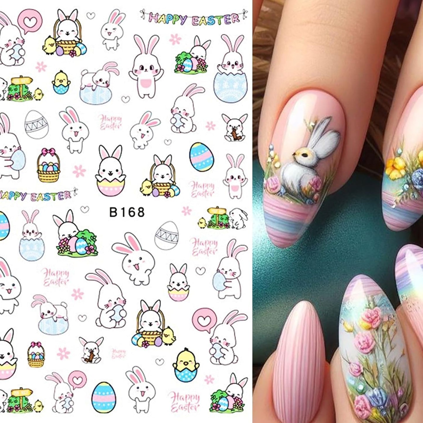 12 Sheets Easter Nail Art Stickers 3D Self Adhesive Cute Bunny Nail Stickers for Nail Art Colorful Egg Nail Decals Easter Nail Supplies for Women Girls