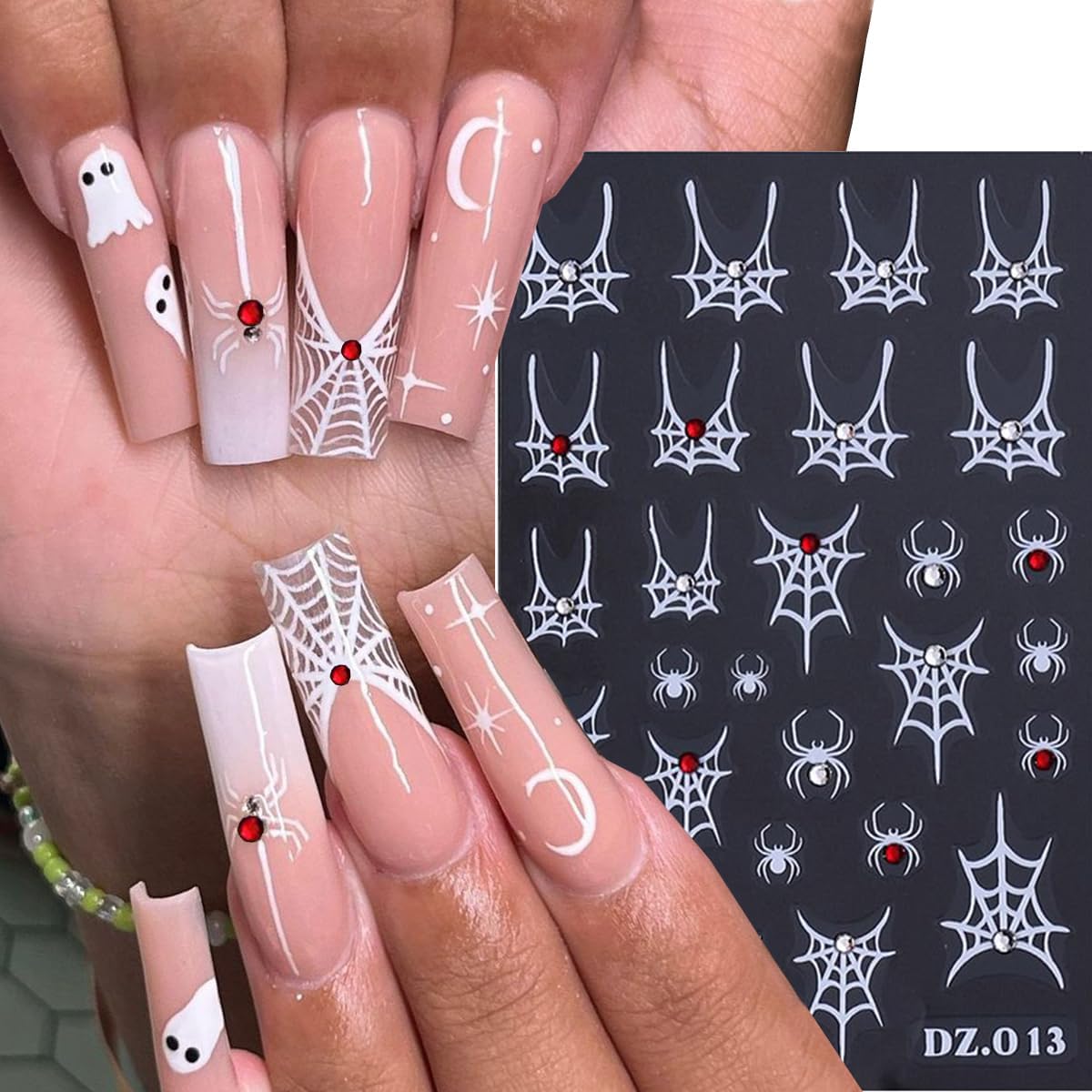 Spider Web Nail Stickers Halloween Nail Decals 3D Self Adhesive Nail Stickers for Nails Bow Heart Spider with Rhinestone Design White Gold Fall Nails Sticker for Women DIY Holiday Manicure 4 Sheet