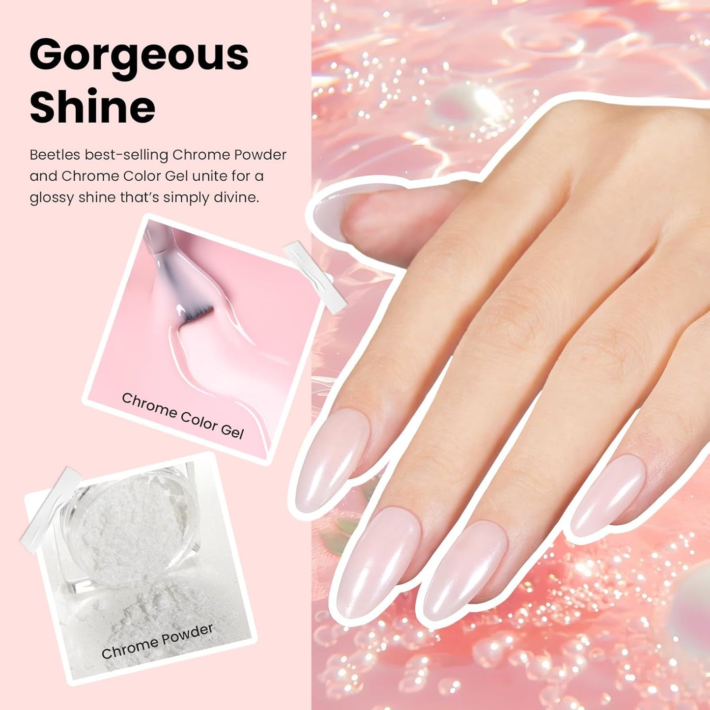 Beetles Pearl Chrome Nail Powder Gel Nail Polish Set, Glazed Donut Mirror Effect with Silicone Nail Brush, Liquid Peel Off Latex Tape Top Coat&Base Coat