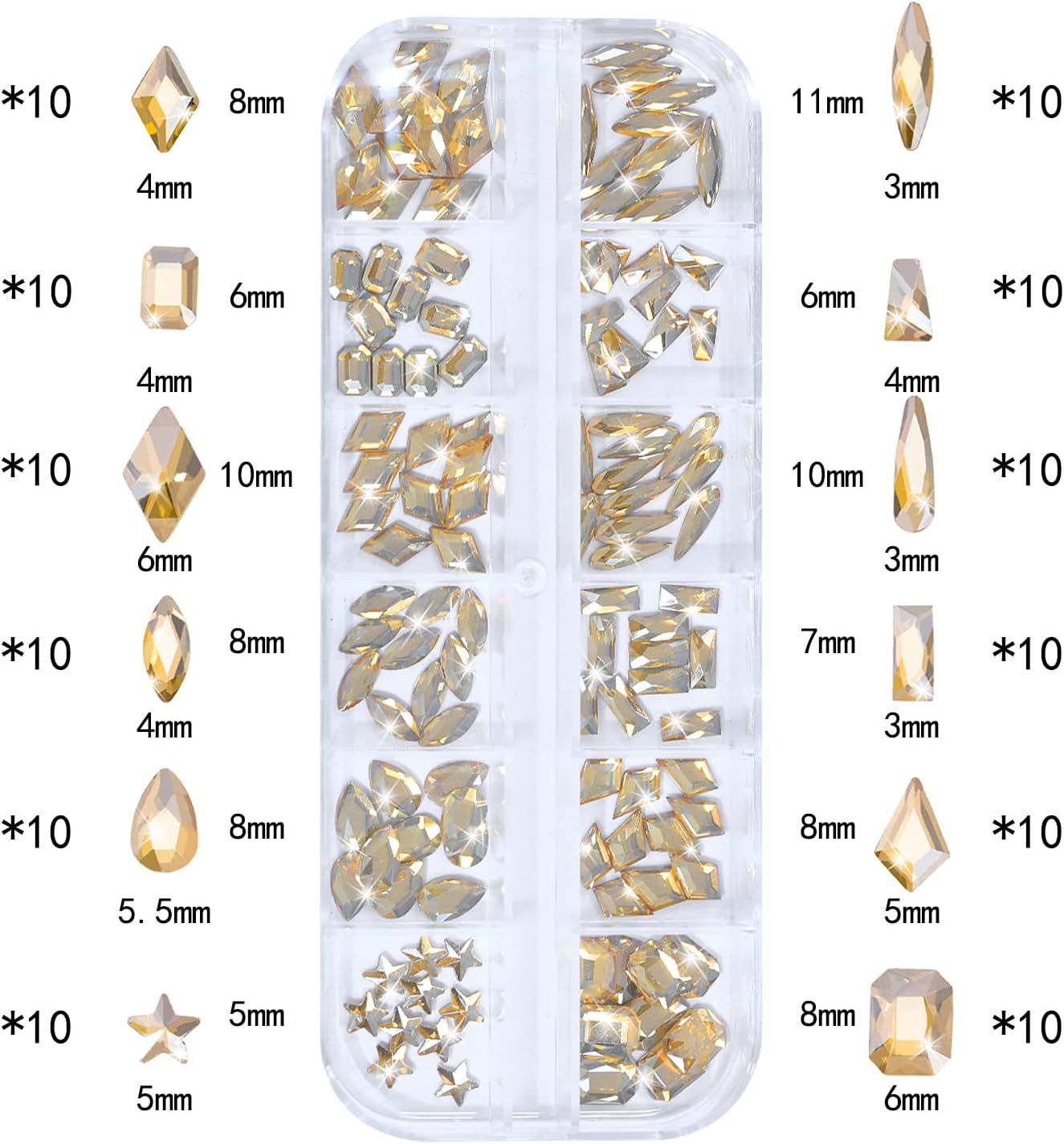 Nail Rhinestones - 3D Multi Shape Size, Flat Back, Manicure Rhinestones Charms, Champagne Gold Gems, with Kit, for Nail Art, Bedazzling Acrylic Nails, DIY Decor