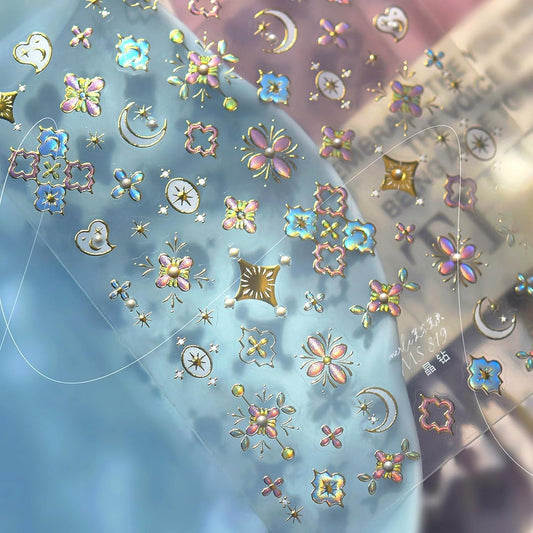 1Pcs Gold Nail Stickers 5D Sun Moon Heart Nail Decals Bohemian Style Nail Art Stickers Embossed Self-Adhesive Sun Moon Nail Decals Bohemia Flower Nails Designs Nails Decoration for Women Nail Supplies