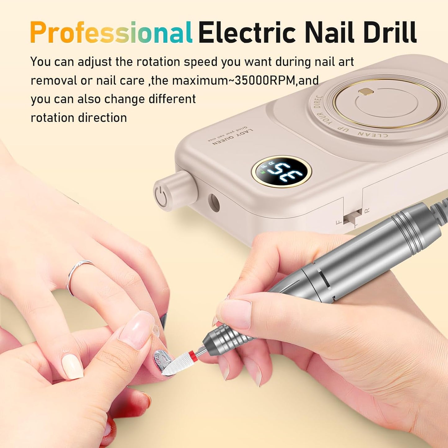 Portable Nail Drill Electric File: 35000RPM Professional Rechargeable Nail E File Machine,for Acrylic Nails Gel Polishing Removing, Cordless Efile with Bits Kit for Manicure Salon Home (Pink)