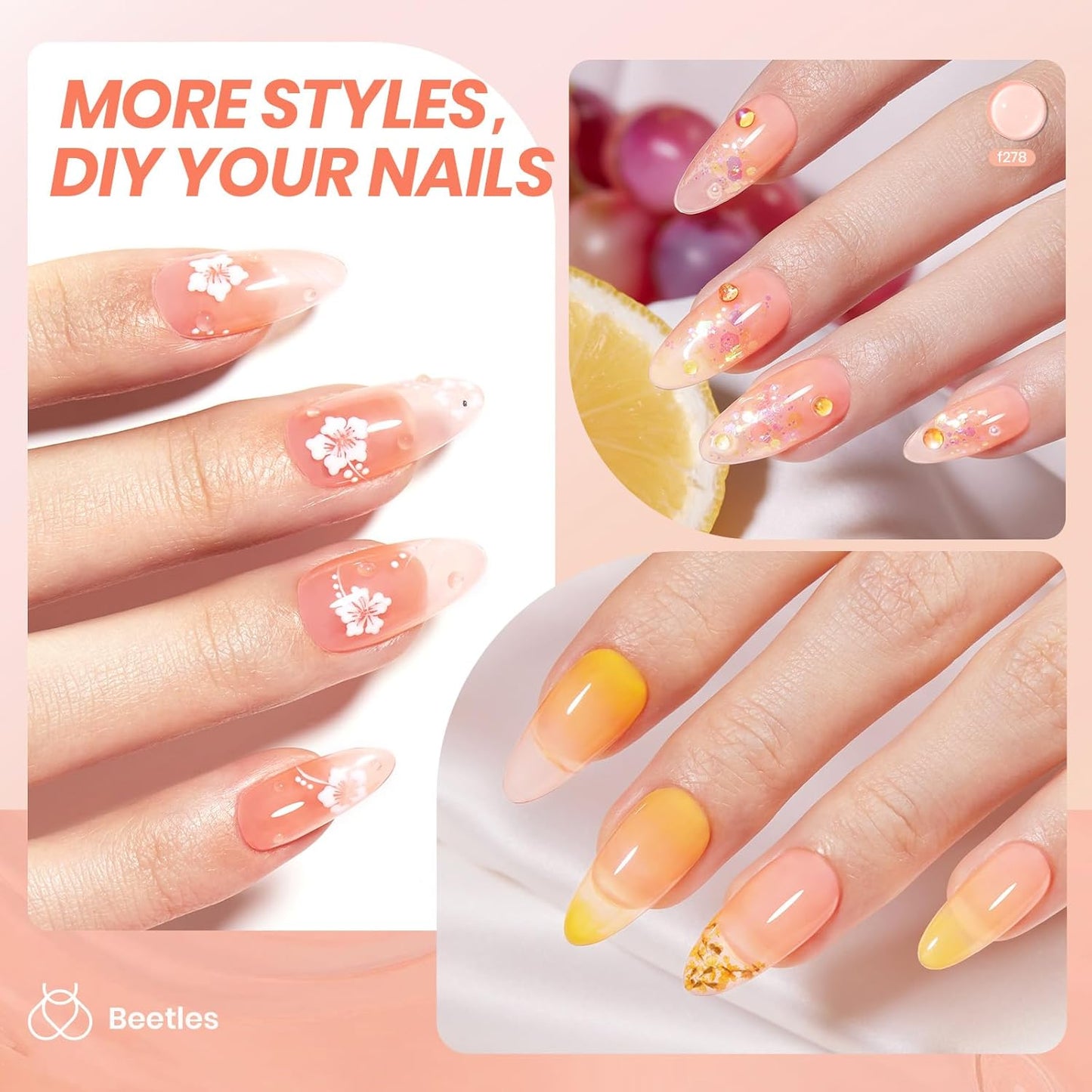 Beetles Nude Gel Nail Polish - Sunlit Orchard Jelly Gel Polish, 15ML Clear Peach Color Nail Concealer Neutral Nail Polish Sheer Translucent Effect Soak Off UV French Nail Art Manicure Gift for Women